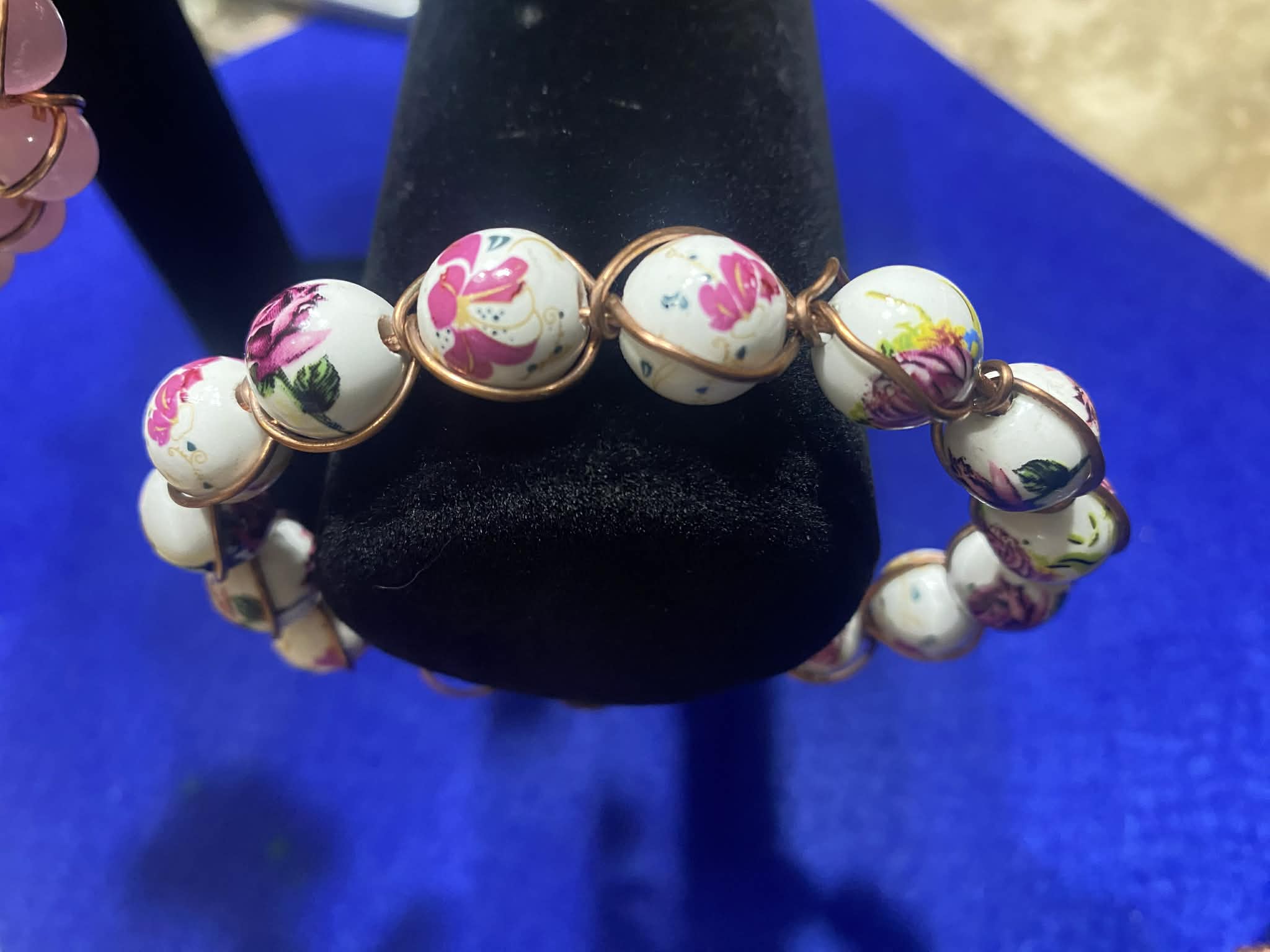 Copper-Wrapped Floral Porcelain-Style Bead Bracelet