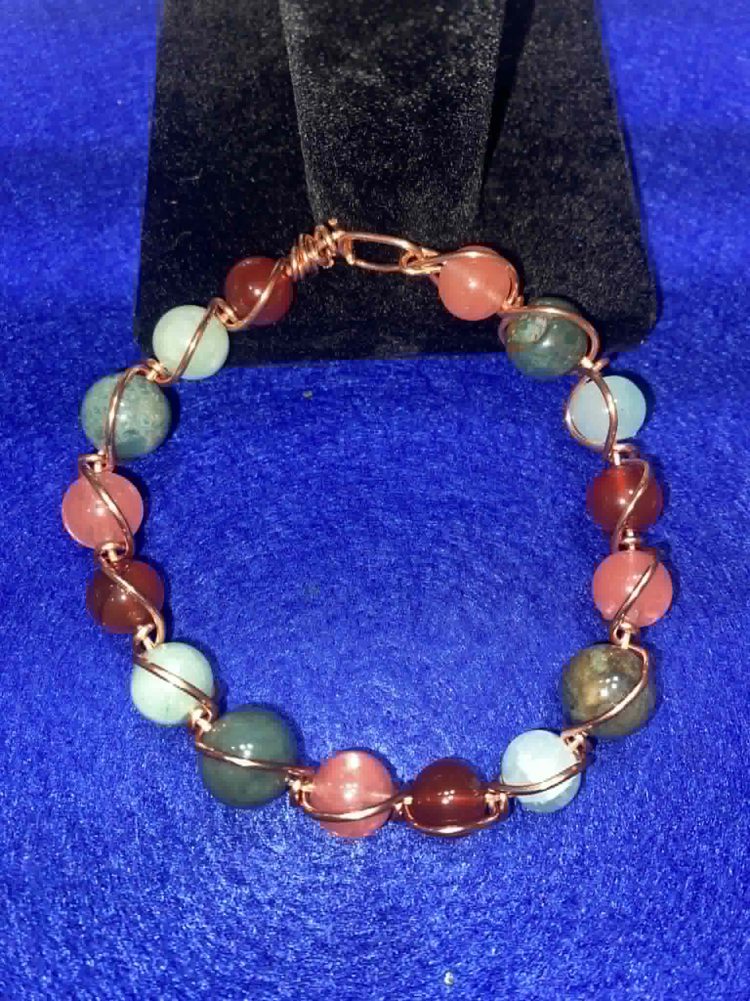 Copper-Wrapped Carnelian, Aquamarine, Cherry Quartz & Agate Bracelet