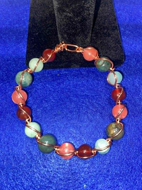 Copper-Wrapped Carnelian, Aquamarine, Cherry Quartz & Agate Bracelet